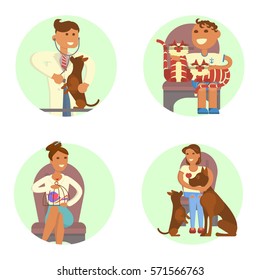 Veterinary clinic interior. Turn to the veterinarian. Doctor treats a dog, people with pets are waiting. Boy and cats, senior and dachshund, boy and snake, girl and mastiff. Vector illustration eps 10