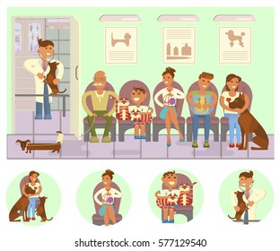 Veterinary clinic interior. Turn to the veterinarian. Doctor treats a dog, people with pets are waiting. Boy and cats, senior and dachshund, boy and snake, girl and mastiff. Vector illustration eps 10