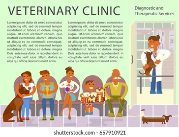 Veterinary clinic interior. Turn to the veterinarian. Doctor treats a dog, people with pets are waiting. Boy and cats, senior and dachshund, boy and snake, girl and mastiff. Vector illustration eps 10