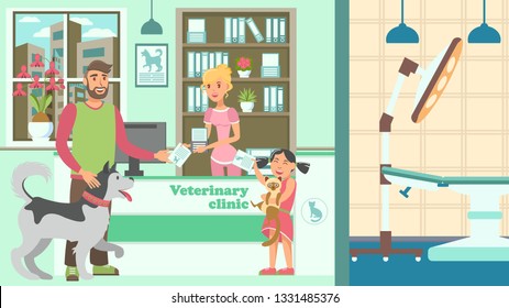 Veterinary Clinic Interior Vector Flat Illustration. Pet Lovers with Animals and Prescriptions. Reception and Examination Room in Vet Clinic. Bearded Man, Husky, Girl, Siamese, Nurse Cartoon Character