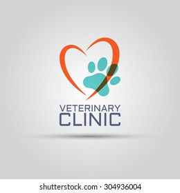 Veterinary clinic isolated vector logo with sample text, heart and dog paw print, pets care hospital