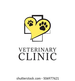 Veterinary clinic isolated vector logo with sample text, heart, cross and dog paw print, pets care hospital.