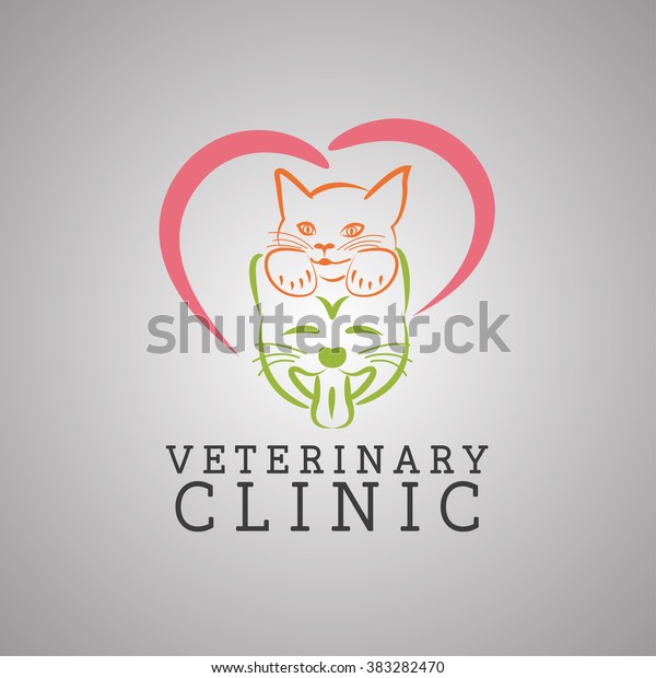Veterinary clinic isolated\
vector logo with sample text, heart and dog and cat print, pets\
care hospital