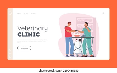 Veterinary Clinic Landing Page Template. Animal Health Care And Medicine, Vet Clinic Doctor Working And Caring Of Pets. Man With Rats on Appointment In Hospital. Cartoon People Vector Illustration