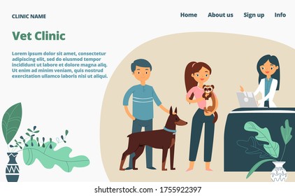 Veterinary clinic landing web page, concept banner website template cartoon vector illustration. Medical vet company website page, character person animal owner male female, medical pets nurse.