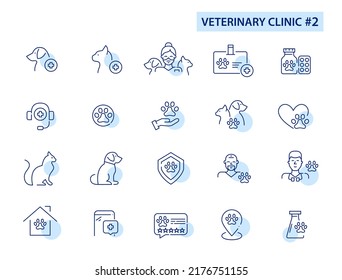 Equipo de arte en línea de clínica veterinaria. Veterinaria, medicina, seguros y calificaciones. Icono de trazo de píxeles perfecto, modificable