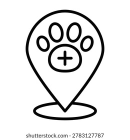 Veterinary clinic location map pin icon with paw print and medical cross veterinary location hospital navigation