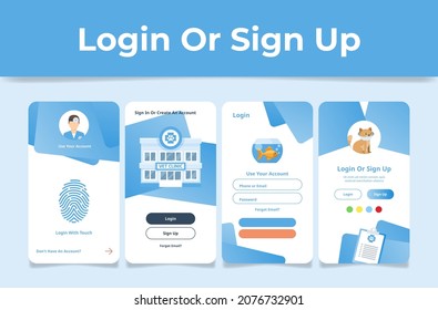 Veterinary clinic login or sign up web landing page set vector flat illustration. Vet medical pet aid vertical user interface searching service for smartphone. Doctors animal help mobile phone design