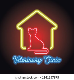 veterinary clinic logo for animal and veterinary hospital with neon light effect. vector illustration