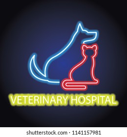 veterinary clinic logo for animal and veterinary hospital with neon light effect. vector illustration