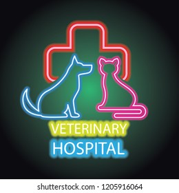 veterinary clinic logo for animal and veterinary hospital with neon light effect. vector illustration