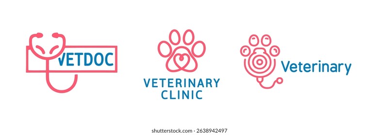 Veterinary clinic logo designs featuring paw and stethoscope elements