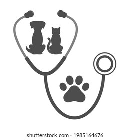 Veterinary clinic logo with dog and cat on the background of a stethoscope