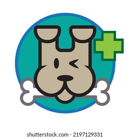 veterinary clinic logo, flat vector illustration, winking dog with a bone shaped threat in the mouth and green cross beside, pet first aid.