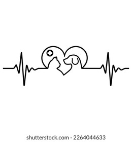 Veterinary clinic logo illustration.Dog and cat in heart with pulse