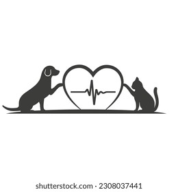 Veterinary clinic logo illustration. Dog and cat with a pulse in the heart on a white background