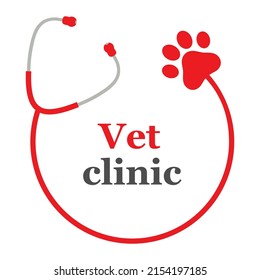 Veterinary clinic logo illustration. Stethoscope with dog paw and text