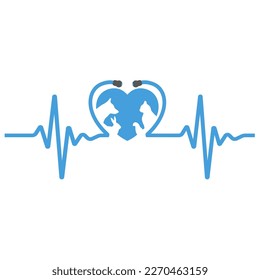 Veterinary clinic logo illustration.Pets in heart with pulse isolated on white background