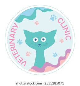 Veterinary clinic - logo in pink and blue. The cat is sitting. Cat paws around. Vector.