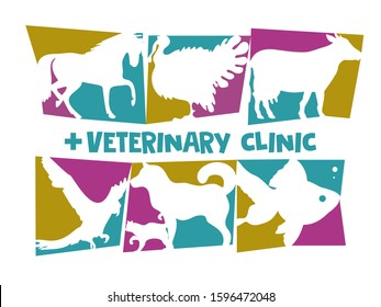 Veterinary clinic logo. Variety of animals. Card flyer poster illustration  for veterinary clinic, zoo, petfood. Flat style design.  Stylization. set. Vector illustration.