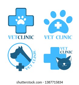 Veterinary clinic logotype set of blue color. Cat and dog symbol. Vet hospital and animal care. Zoo shop. Silhouette of pet.