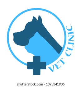 Veterinary clinic logotype set of blue color. Cat and dog symbol. Vet hospital and animal care. Zoo shop. Silhouette of pet.