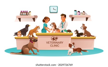 Anuncio publicitario de volante de clínica veterinaria caricatura enfermera y veterinario con mascotas en recepción ilustración vectorial