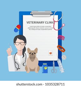 Veterinary clinic name title template flat composition  with pet physician prescription blank and dog patient vector illustration 