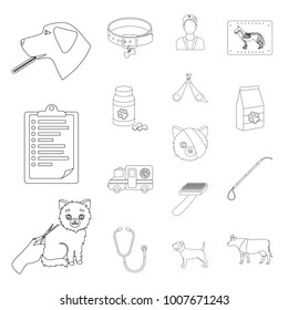 Veterinary clinic outline icons in set collection for design. Treatment of a pet vector symbol stock web illustration.