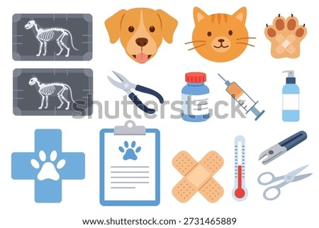 Veterinary Clinic and Pet Care Icon Set. Flat vector collection of medical equipment and cute animals. Illustrations include dog and cat x-rays, vaccination syringe, thermometer, bandages, grooming scissors, and health check clipboard isolated on white background