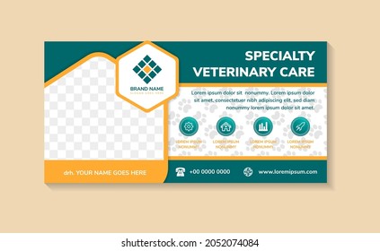 Veterinary Clinic and Pet Doctor horizontal banner. Healthy Smile  template for veterinary clinic, Pet Care Service Helps Dogs. Modern Animal Clinic. vector illustration. Hexagon shape for photo space