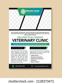 Veterinary Clinic and Pet Doctor vertical flyer. Healthy Smile poster template Pet Care Service Helps Dogs. Modern Animal Clinic. vector illustration. diagonal shape for photo collage. 