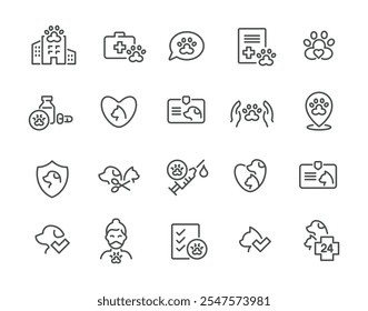 Veterinary clinic pet medical aid grooming line art icon set vector illustration. Vet medicine cat dog care domestic animal veterinarian healthcare and medicine doctor vitamin patient id prescription