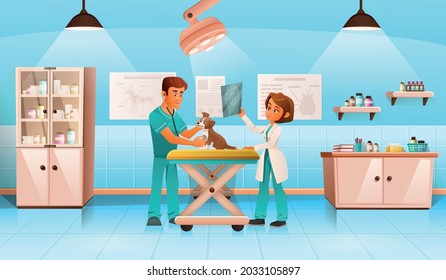 Veterinary clinic pet surgery cartoon composition with veterinarian treating injured dog under surgical light vector illustration