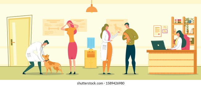 Veterinary Clinic or Pets Healthcare Center with Reception Counter, Visitors and Veterinarians. Medicine Consultation on Domestic Animals Disease Treatment and Caring. Flat Vector Illustration.