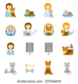 Veterinary clinic for pets with proper feeding and prophylactic treatment flat icons set abstract isolated vector illustration