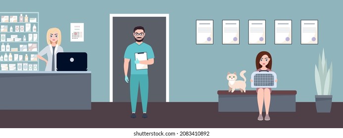 Veterinary clinic and pharmacy. Vector flat illustration. Interior in the premises of the clinic for pets.