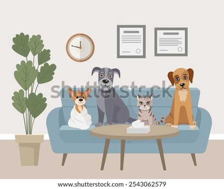 Veterinary clinic. Queue for reception. Veterinary clinical care. Appointment with a veterinarian. Medical treatment, vaccination of animals. Vector illustration.