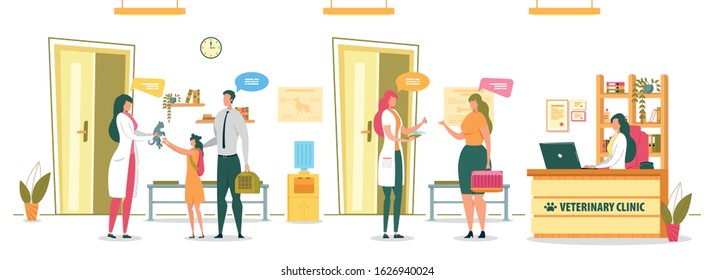 Veterinary Clinic Receiving Visitors with Pets for Examination, Immunization or Diagnosis. People and Domestic Animals Cartoon Characters in Vet Hospital Reception Hall. Flat Vector Illustration.