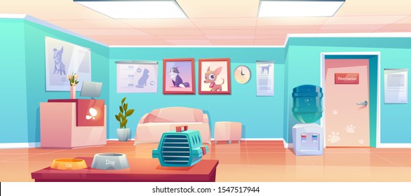 Veterinary clinic reception, empty hall interior with desk, veterinarian doctor cabinet door. Animals hospital lobby with cat and dog banners, pet carrier, food bowls. Cartoon vector illustration