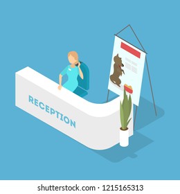 Veterinary clinic reception interior with ounter desk. Idea of animal treatment. Isolated vector isometric illustration
