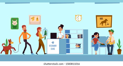 Veterinary Clinic Reception Room Queue - Animal Owners Coming To Vet Appointment With Dogs, Parrot And Turtle. Pet Doctor Office In Hand Drawn Flat Cartoon Style - Vector Illustration