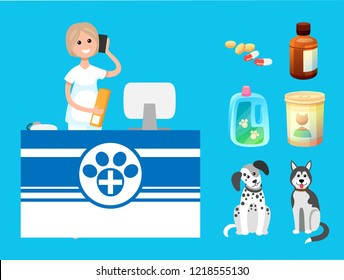 Veterinary clinic reception woman with cell phone vector. Isolated icons of bottles with pills, domestic animals medications. Dogs of different breeds