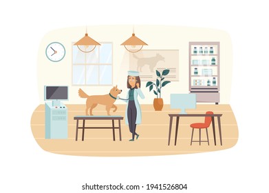 Veterinary clinic scene. Female veterinarian examining dog with stethoscope. Doctor's office interior. Vet medicine, pet health care concept. Vector illustration of people characters in flat design