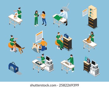 Veterinary Clinic Scene with Pet Care and Treatment 3d isometric vector illustration