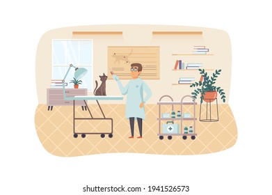 Veterinary clinic scene. Veterinarian examining and vaccinated cat. Doctor's office interior. Vet medicine, pet health care, medical concept. Vector illustration of people characters in flat design