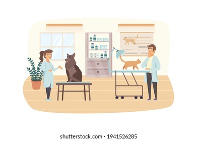 Veterinary clinic scene. Veterinarians examine cat and dog. Medical office interior. Vet medicine, pet vaccination, health care concept. Vector illustration of people characters in flat design