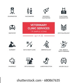 Veterinary clinic services - vector icons, pictograms set. Examination, vaccination, castrating, diagnostics, dentistry, ophthalmology, surgery, dermatology, trimming, pharmacy, sale, labor induction