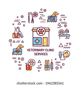 Veterinary clinic services web banner. Infographics with linear icons on white background. Creative idea concept. Isolated outline color illustration.