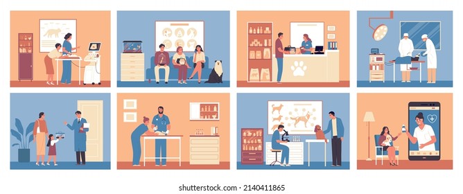 Veterinary clinic set of flat color compositions illustrated health care to domestic and wild animals isolated vector illustration